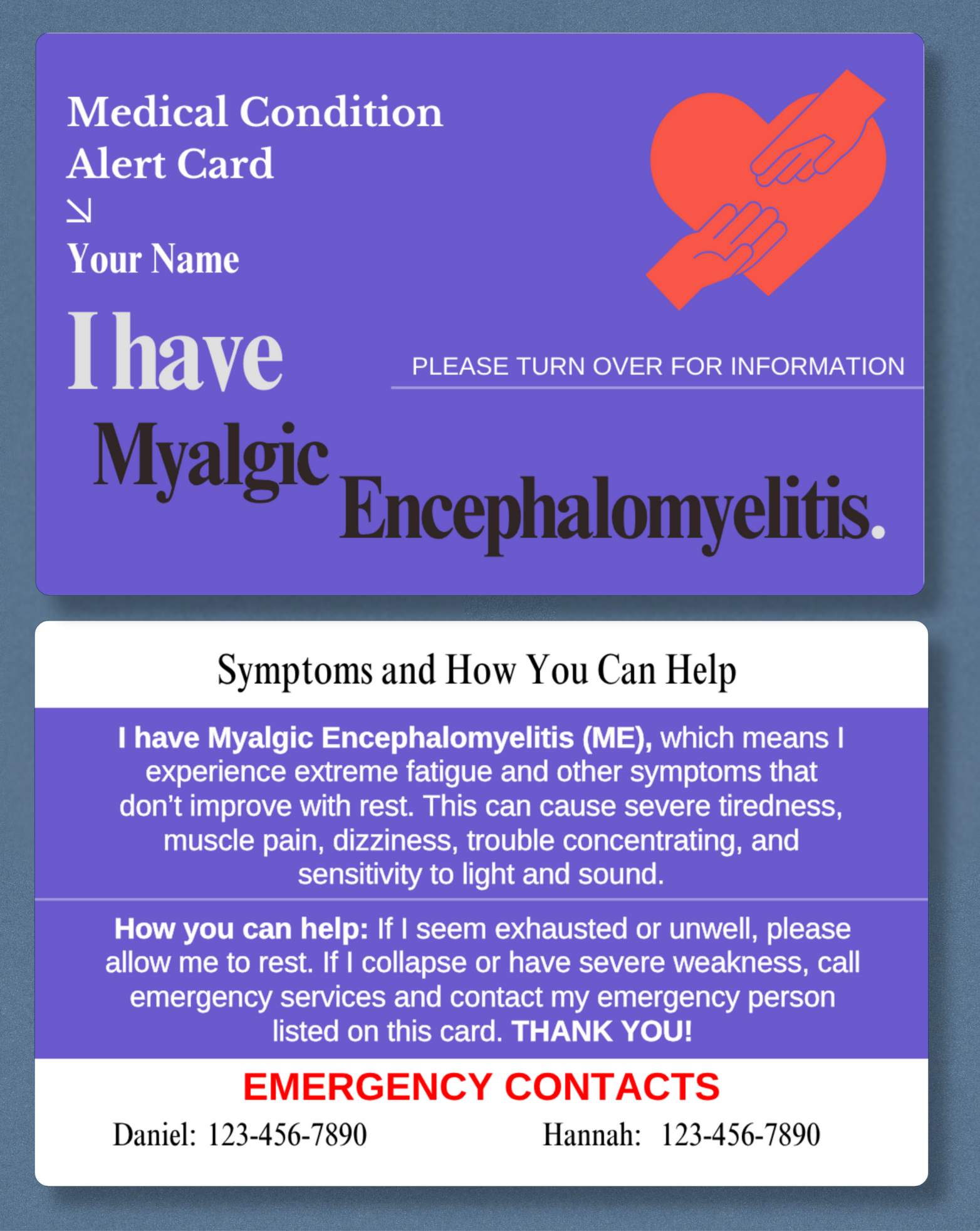 Myalgic Encephalomyelitis Medical Alert Card