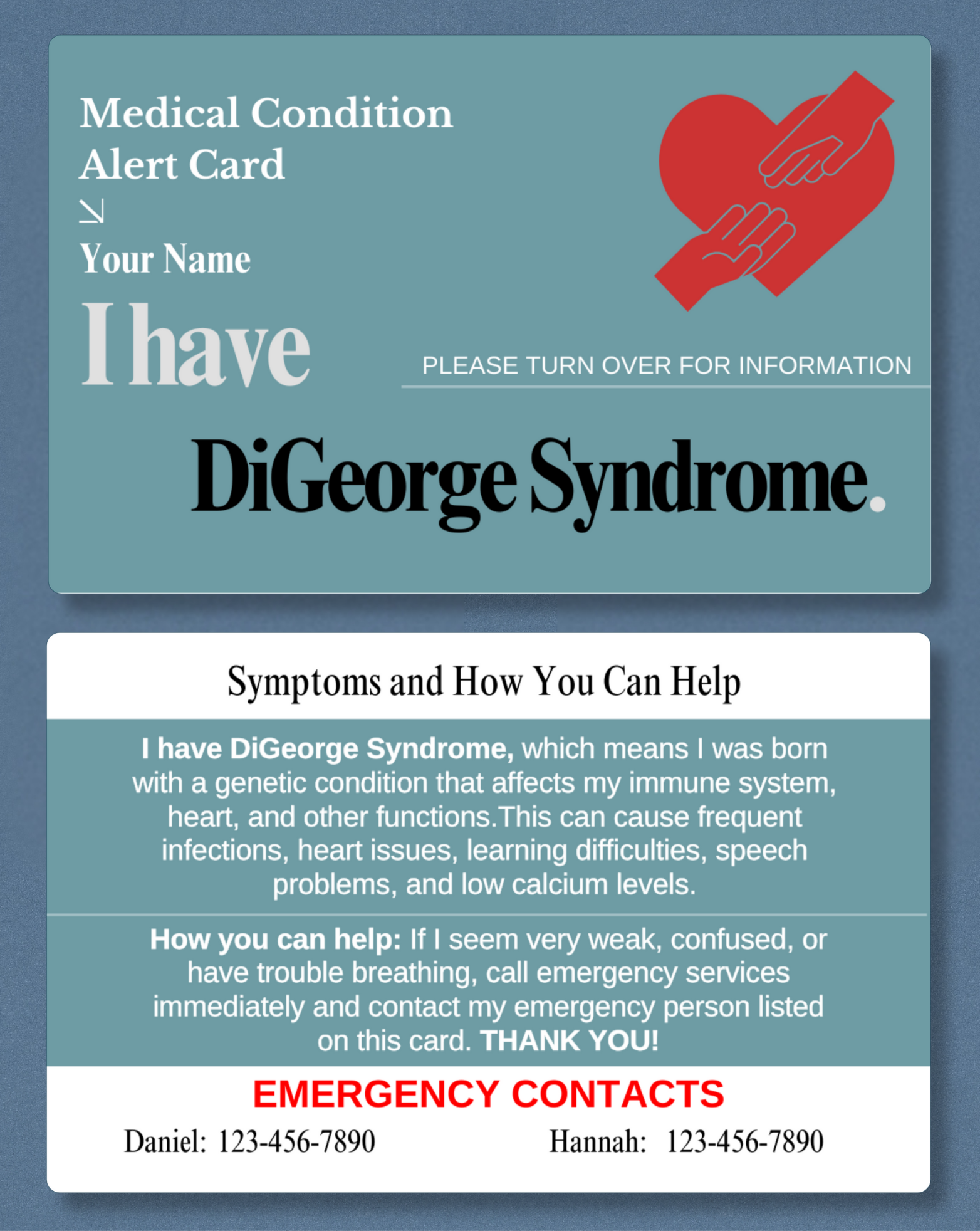 DiGeorge Syndrome Medical Alert Card