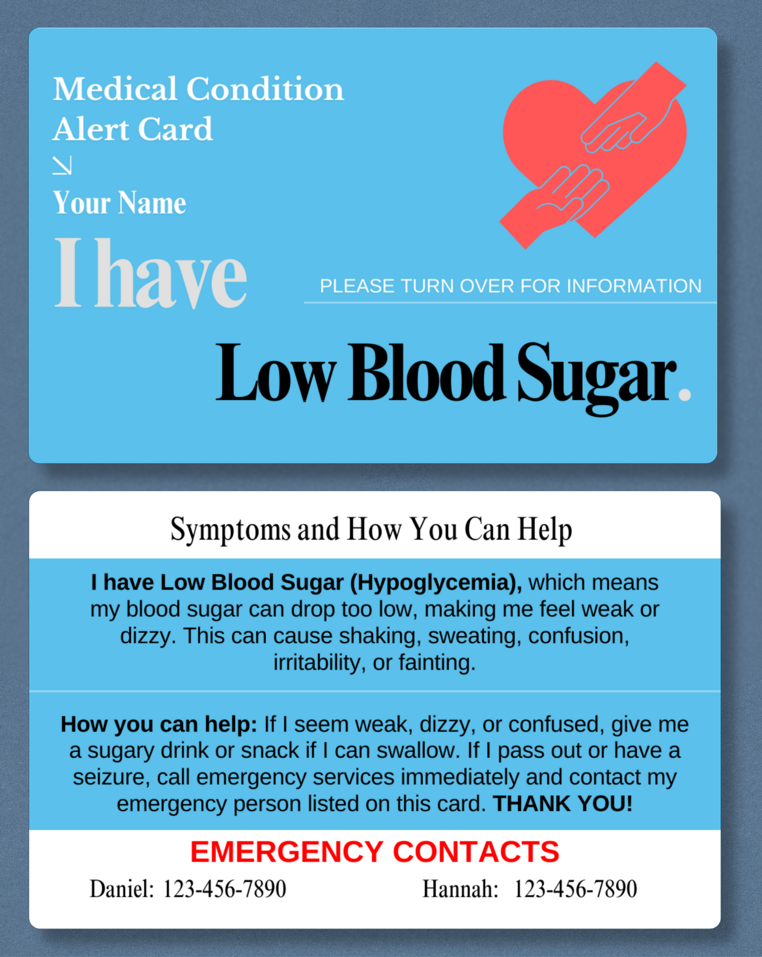 Low Blood Sugar Medical Alert Card