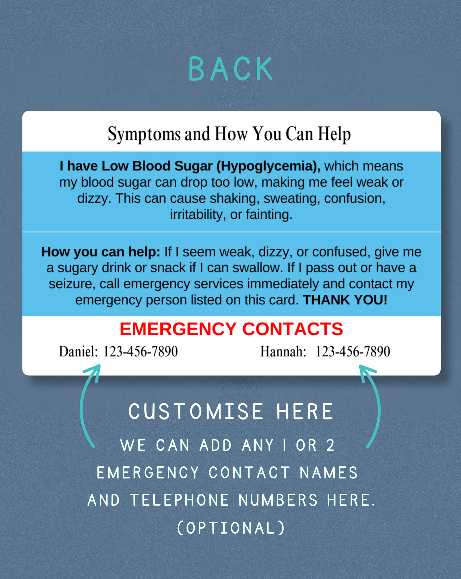 Low Blood Sugar Medical Alert Card