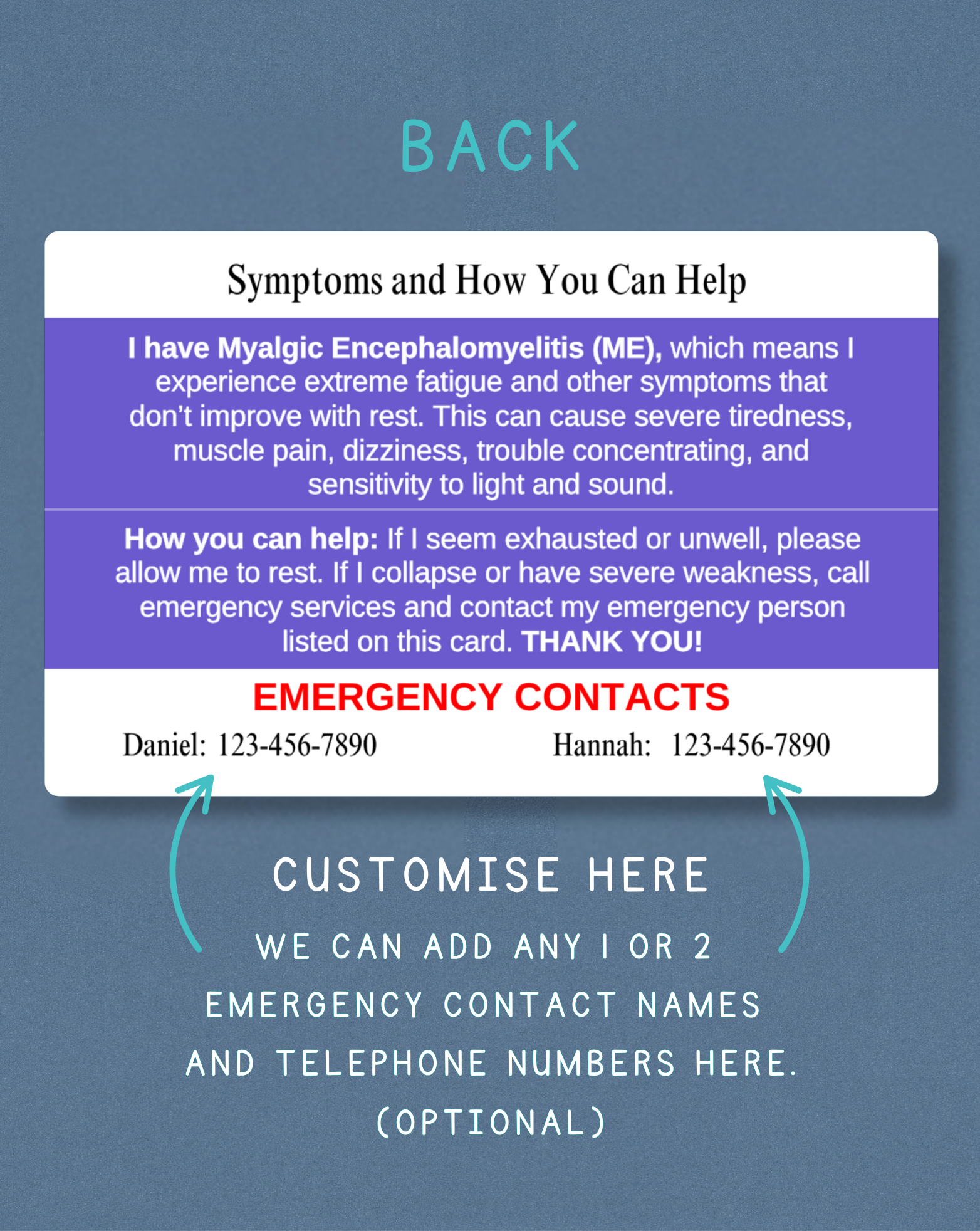 Myalgic Encephalomyelitis Medical Alert Card