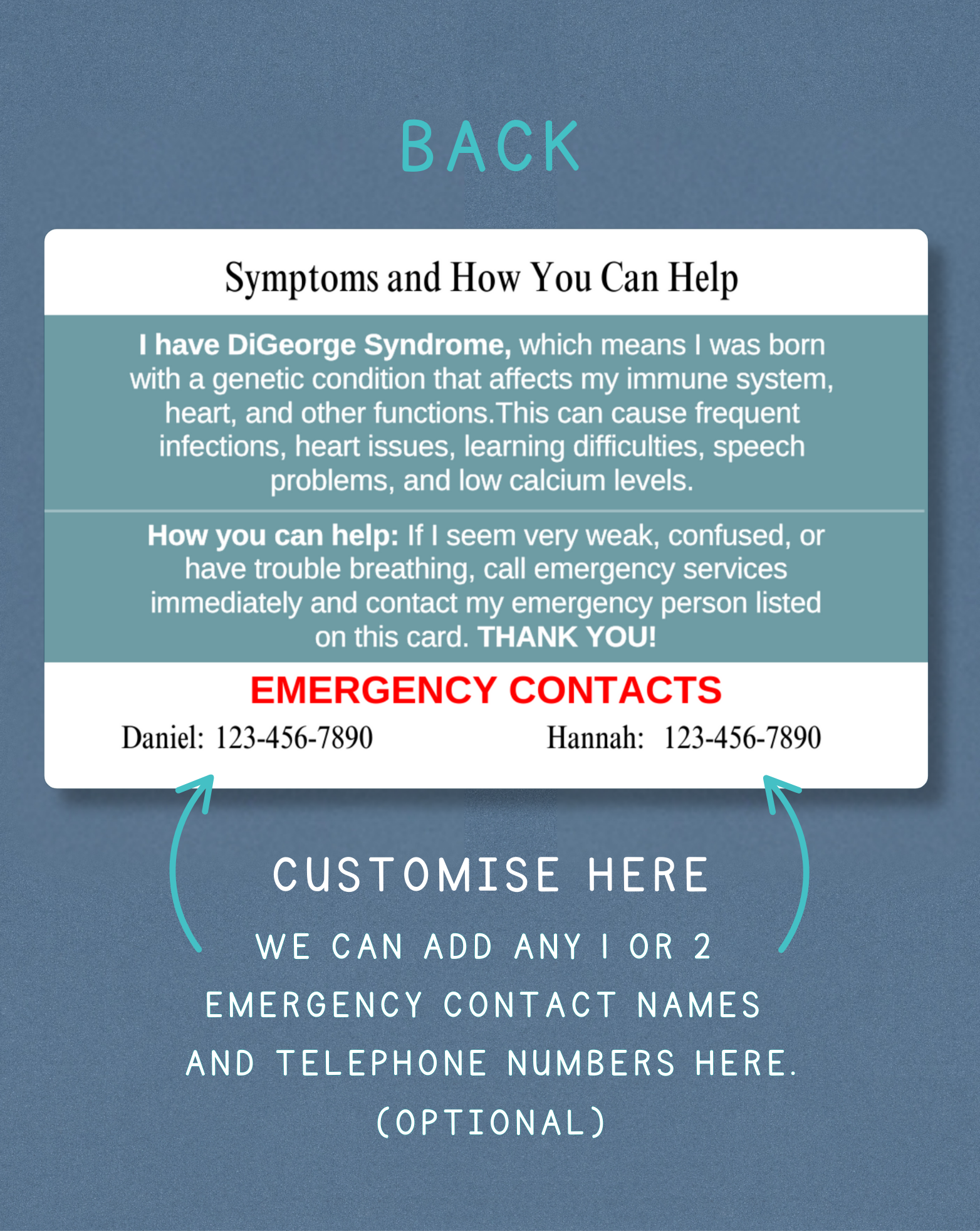 DiGeorge Syndrome Medical Alert Card
