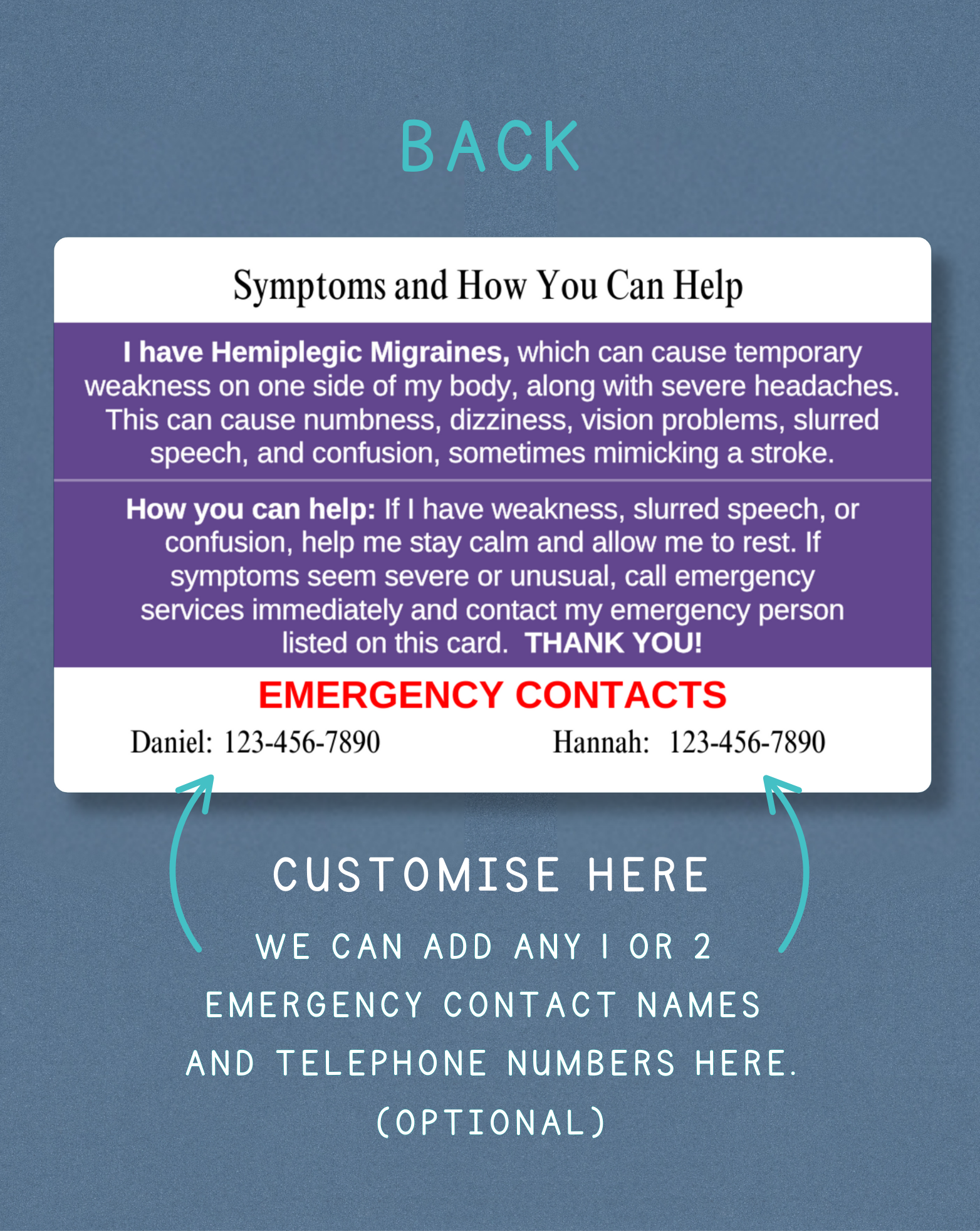 Hemiplegic Migraines Medical Alert Card