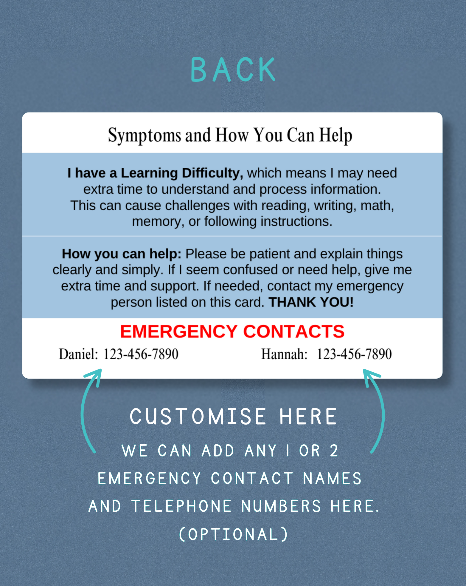 Learning Difficulty Medical Alert Card