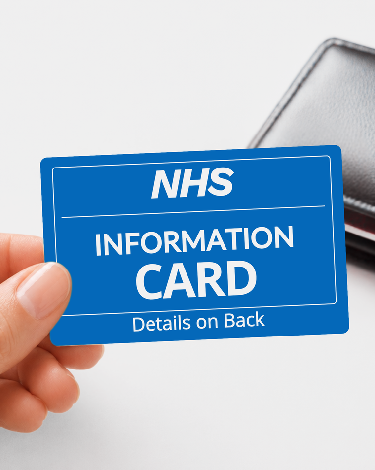 Blue NHS information and reminder card for wallet