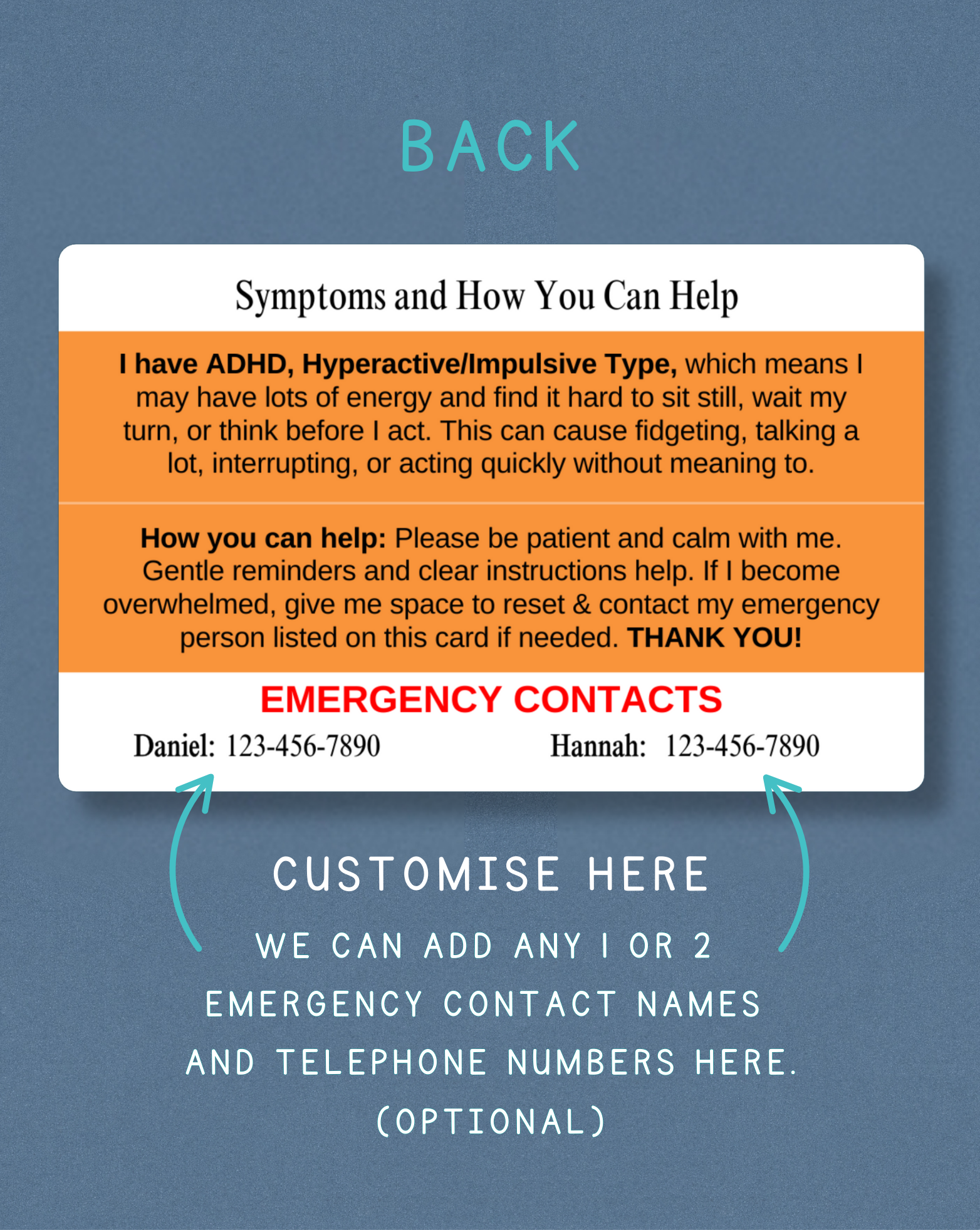ADHD (Hyperactive/Impulsive Type) Medical Alert Card