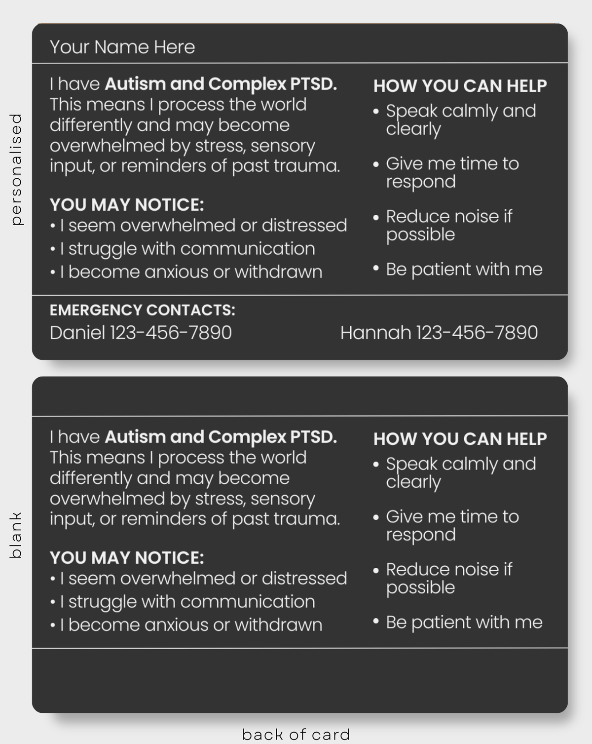 Back of black Autism and complex PTSD engraved medical alert card showing personalised and blank options